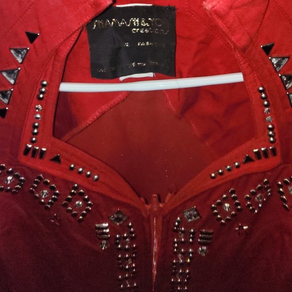 Vintage 1990's Shamash & Yofi Creations Adorned Red Jumpsuit with Sheer Sleeves - Picture 11 of 13